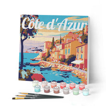 Load image into Gallery viewer, Mini Paint by numbers Travel Poster Cote d'Azur 20x20cm already framed Figured'Art UK