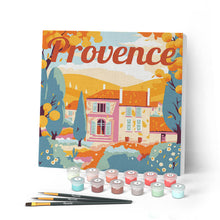 Load image into Gallery viewer, Mini Paint by numbers Travel Poster Provence Autumn 20x20cm already framed Figured'Art UK