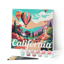 Load image into Gallery viewer, Mini Paint by numbers Travel Poster California Balloons 20x20cm already framed Figured'Art UK