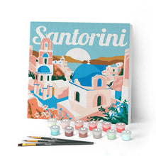 Load image into Gallery viewer, Mini Paint by numbers Travel Poster Santorini Sunrise 20x20cm already framed Figured'Art UK