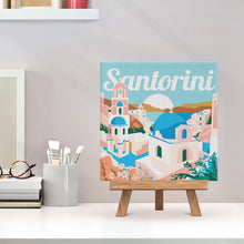 Load image into Gallery viewer, Mini Paint by numbers Travel Poster Santorini Sunrise 20x20cm already framed