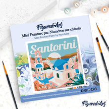 Load image into Gallery viewer, Mini Paint by numbers Travel Poster Santorini Sunrise 20x20cm already framed