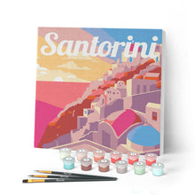 Load image into Gallery viewer, Mini Paint by numbers Travel Poster Santorini Sunset 20x20cm already framed Figured'Art UK