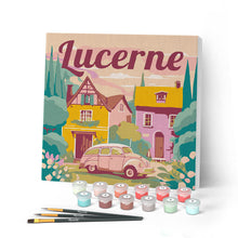 Load image into Gallery viewer, Mini Paint by numbers Travel Poster Lucerne 20x20cm already framed Figured'Art UK