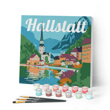 Load image into Gallery viewer, Mini Paint by numbers Travel Poster Hallstatt 20x20cm already framed Figured'Art UK