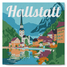 Load image into Gallery viewer, Mini Paint by numbers Travel Poster Hallstatt 20x20cm already framed