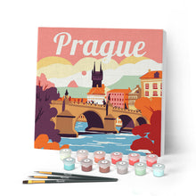 Load image into Gallery viewer, Mini Paint by numbers Travel Poster Prague 20x20cm already framed Figured'Art UK