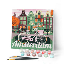 Load image into Gallery viewer, Mini Paint by numbers Travel Poster Amsterdam 20x20cm already framed Figured'Art UK