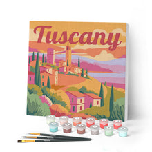 Load image into Gallery viewer, Mini Paint by numbers Travel Poster Tuscany Spring 20x20cm already framed Figured'Art UK