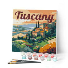 Load image into Gallery viewer, Mini Paint by numbers Travel Poster Tuscany Summer 20x20cm already framed Figured'Art UK