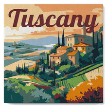 Load image into Gallery viewer, Mini Paint by numbers Travel Poster Tuscany Summer 20x20cm already framed