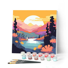 Load image into Gallery viewer, Mini Paint by numbers Colorful Sunset by the Lake 20x20cm already framed Figured'Art UK