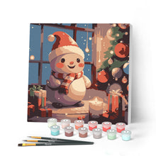 Load image into Gallery viewer, Mini Paint by numbers 8"x8" framed - Happy Snowman in the room Figured'Art UK