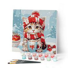 Load image into Gallery viewer, Mini Paint by numbers Cute cat in Red Scarf 20x20cm already framed Figured'Art UK