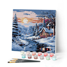 Load image into Gallery viewer, Mini Paint by numbers Lovely Winter Cottage 20x20cm already framed Figured'Art UK