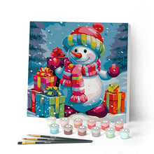 Load image into Gallery viewer, Mini Paint by numbers Snowman and Gifts in Snow 20x20cm already framed Figured'Art UK