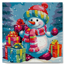 Load image into Gallery viewer, Mini Paint by numbers Snowman and Gifts in Snow 20x20cm already framed