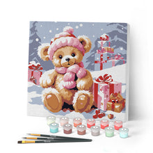 Load image into Gallery viewer, Mini Paint by numbers Teddy Bear and the Gifts 20x20cm already framed Figured'Art UK