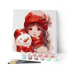 Load image into Gallery viewer, Mini Paint by numbers 8"x8" framed - Pretty Girl and Snowman Figured'Art UK