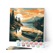Load image into Gallery viewer, Mini Paint by numbers Mountain Lake with Canoe 20x20cm already framed Figured'Art UK