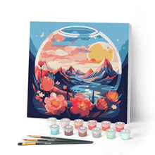 Load image into Gallery viewer, Mini Paint by numbers Mountains in the Glass Globe 20x20cm already framed Figured'Art UK