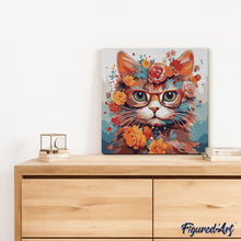 Load image into Gallery viewer, Mini Paint by numbers Fantasy Cat and Flowers 20x20cm already framed