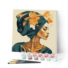 Load image into Gallery viewer, Mini Paint by numbers Woman in Floral Turban 20x20cm already framed Figured'Art UK