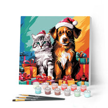 Load image into Gallery viewer, Mini Paint by numbers 8"x8" framed - Festive Cat &amp; Dog Figured'Art UK