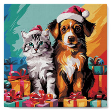 Load image into Gallery viewer, Mini Paint by numbers 8"x8" framed - Festive Cat &amp; Dog