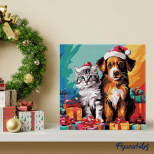 Load image into Gallery viewer, Mini Paint by numbers 8"x8" framed - Festive Cat &amp; Dog
