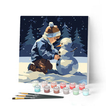 Load image into Gallery viewer, Mini Paint by numbers 8"x8" framed - A Boy and a Snowman Figured'Art UK