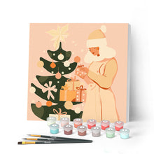 Load image into Gallery viewer, Mini Paint by numbers 8"x8" framed - Woman with Christmas Tree Figured'Art UK