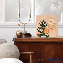 Load image into Gallery viewer, Mini Paint by numbers Woman with Christmas Tree 20x20cm already framed