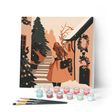 Load image into Gallery viewer, Mini Paint by numbers 8"x8" framed - Girl in Festive Village Figured'Art UK