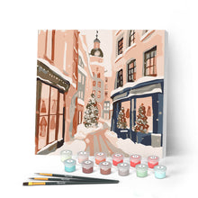Load image into Gallery viewer, Mini Paint by numbers 8"x8" framed - Snowy Christmas Alley Figured'Art UK