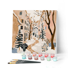 Load image into Gallery viewer, Mini Paint by numbers 8"x8" framed - Snowy Village Figured'Art UK