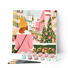 Load image into Gallery viewer, Mini Paint by numbers 8"x8" framed - Girl at Christmas Market Figured'Art UK