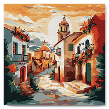 Load image into Gallery viewer, Mini Paint by numbers Sunny Village Church 20x20cm already framed