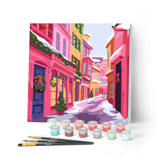 Load image into Gallery viewer, Mini Paint by numbers 8"x8" framed - Pink Christmas Alley Figured'Art UK