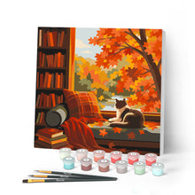 Load image into Gallery viewer, Paint by numbers kit for adults Mini Paint by numbers Cat's Autumn View 20x20cm already framed Figured'Art UK