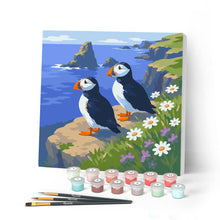 Load image into Gallery viewer, Paint by numbers kit for adults Mini Paint by numbers Puffin by the Ocean Cliffs 20x20cm already framed Figured'Art UK