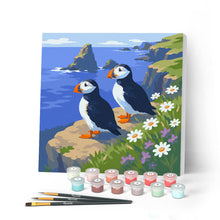 Load image into Gallery viewer, Paint by numbers kit for adults Mini Paint by numbers Puffin by the Ocean Cliffs 20x20cm already framed Figured'Art UK