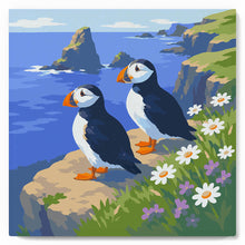 Load image into Gallery viewer, Mini Paint by numbers Puffin by the Ocean Cliffs 20x20cm already framed