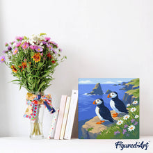 Load image into Gallery viewer, Mini Paint by numbers Puffin by the Ocean Cliffs 20x20cm already framed
