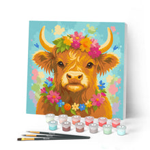Load image into Gallery viewer, Paint by numbers kit for adults Mini Paint by numbers Highland Cow Garden Queen 20x20cm already framed Figured'Art UK