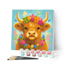 Load image into Gallery viewer, Paint by numbers kit for adults Mini Paint by numbers Highland Cow Garden Queen 20x20cm already framed Figured'Art UK