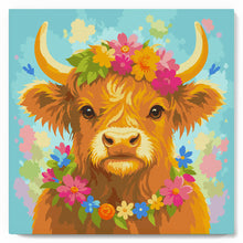 Load image into Gallery viewer, Mini Paint by numbers Highland Cow Garden Queen 20x20cm already framed
