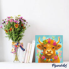 Load image into Gallery viewer, Mini Paint by numbers Highland Cow Garden Queen 20x20cm already framed