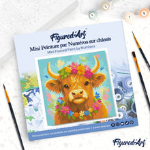 Load image into Gallery viewer, Mini Paint by numbers Highland Cow Garden Queen 20x20cm already framed