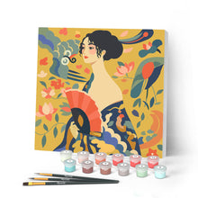 Load image into Gallery viewer, Paint by numbers kit for adults Mini Paint by numbers Lady with a Fan - Klimt 20x20cm already framed Figured'Art UK